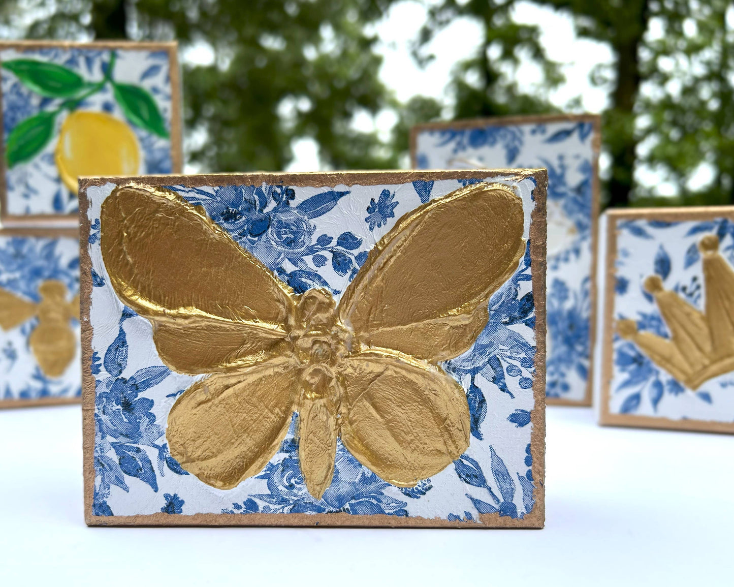 Chinoiserie Art Blocks Bunny & Butterfly botanicals blue white bridal tea