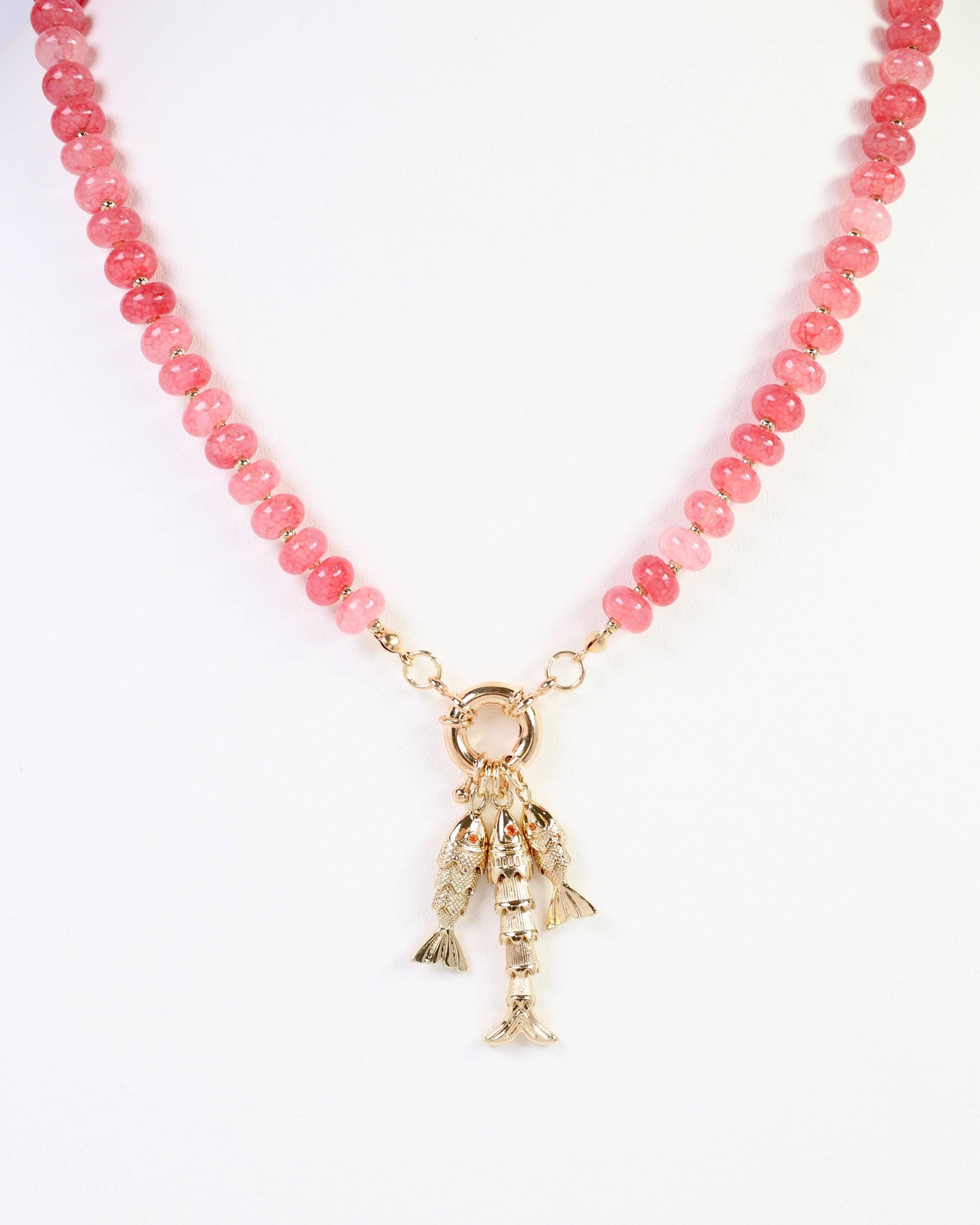 Saranac Marble Bead Fish Charm Necklace Pink