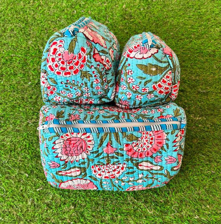 Quilted Cosmetic Bag Floral Printed Bag Cotton Bags Teal