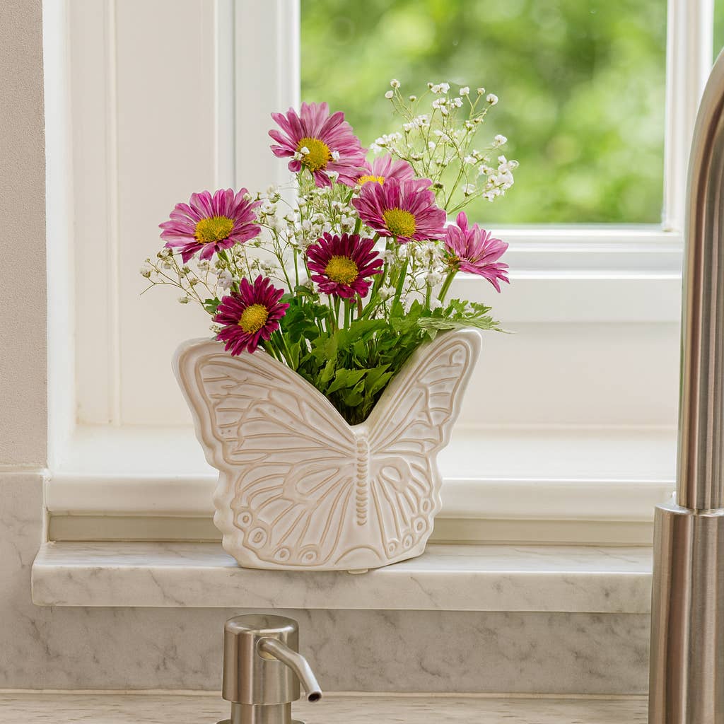 Plant Pot - Ivory Ceramic Sculpted Butterfly Swings, 7 in.