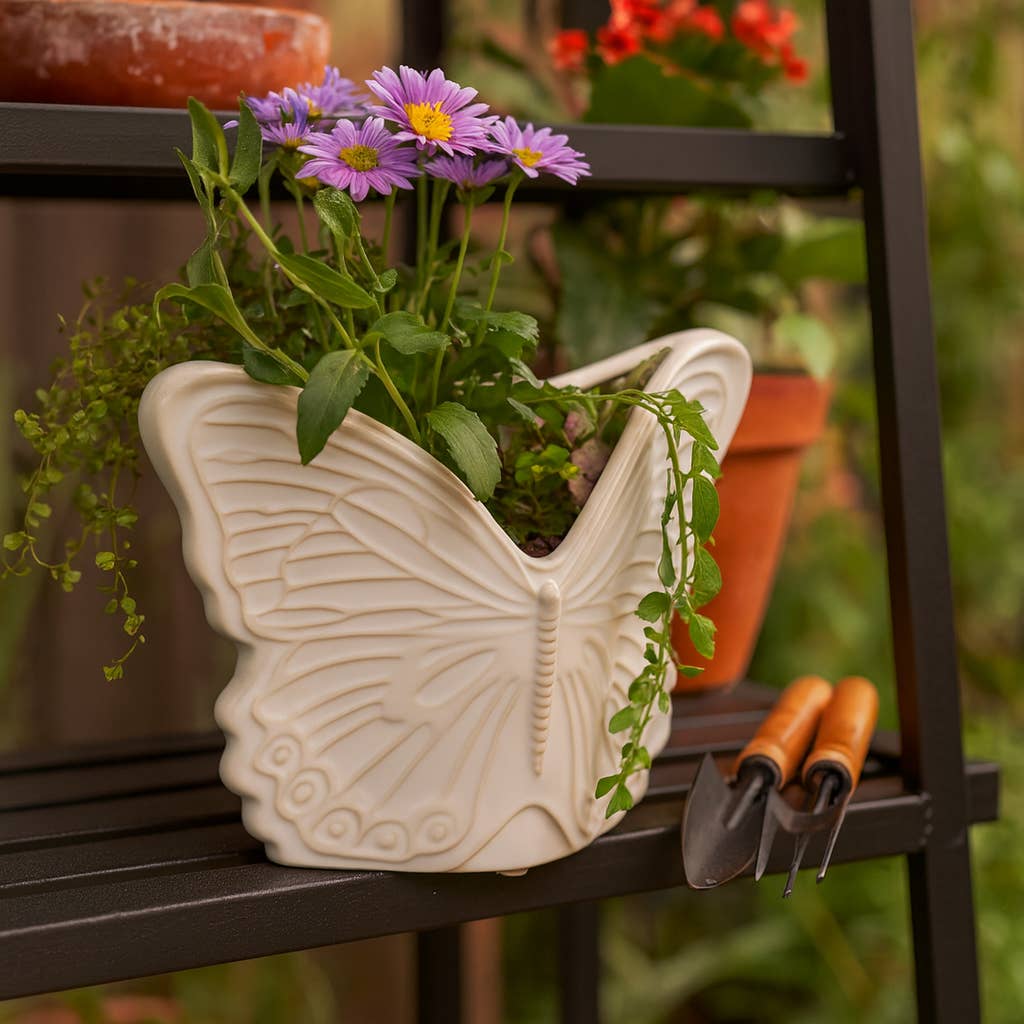 Plant Pot - Ivory Ceramic Sculpted Butterfly Swings, 7 in.