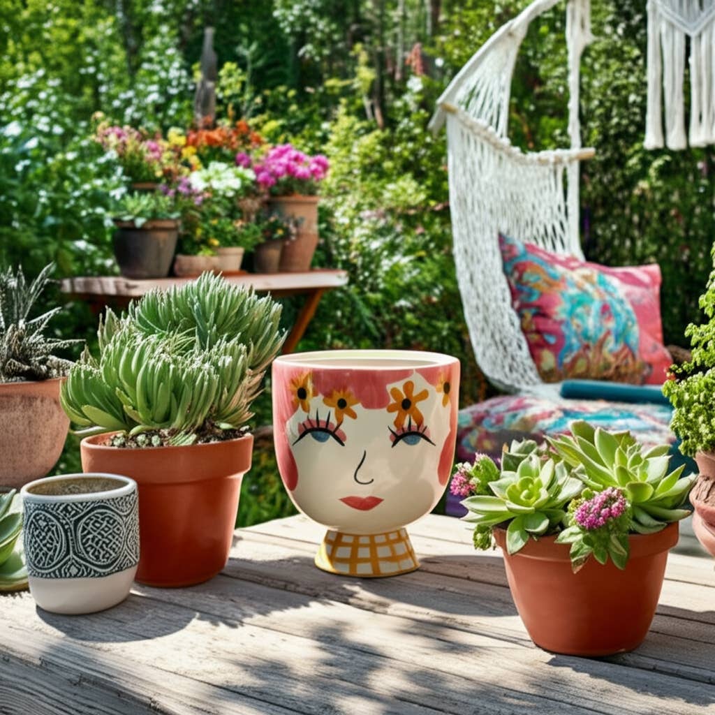 Plant Pot - Pink Ceramic Frida Face Pretty Eyelash, 7 in.