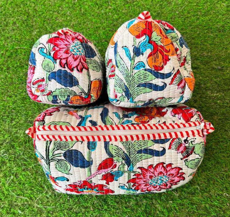 Quilted Cosmetic Bag Floral Printed Bag Cotton Bags Pink