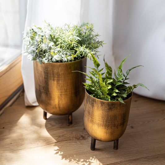 Kacela Set of 2 Brass Boho Footed Garden Planter Pots Metal