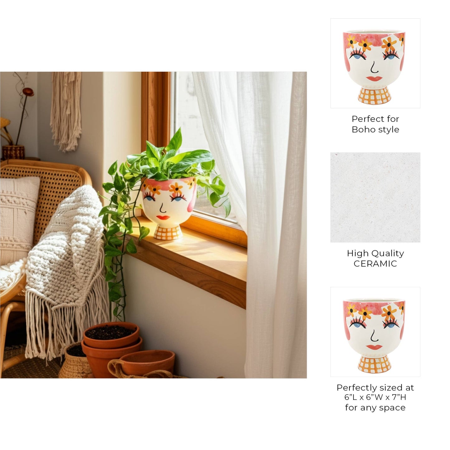 Plant Pot - Pink Ceramic Frida Face Pretty Eyelash, 7 in.