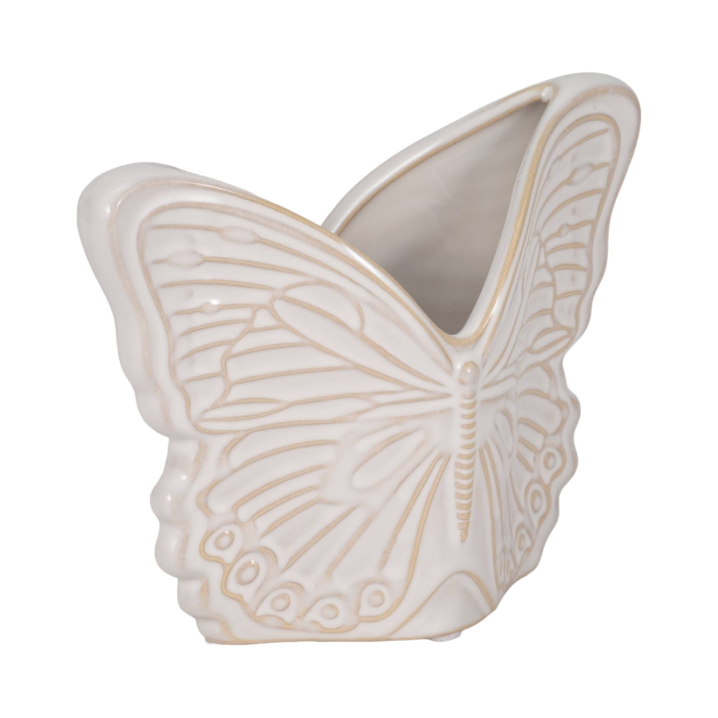 Plant Pot - Ivory Ceramic Sculpted Butterfly Swings, 7 in.