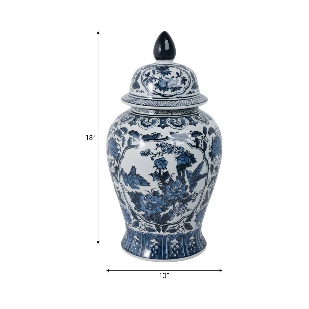Decorative Jar - Blue Ceramic Flowers Temple Style, 19 in.