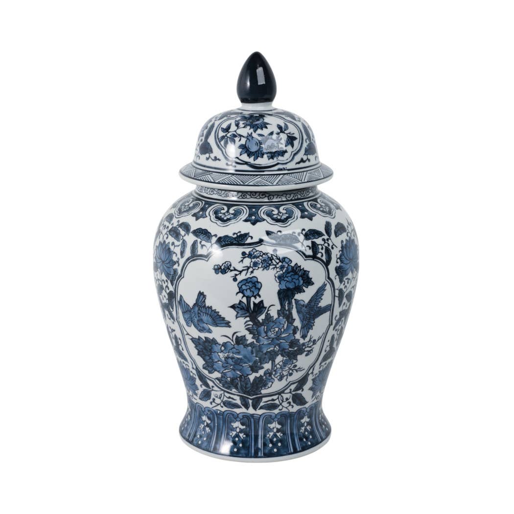 Decorative Jar - Blue Ceramic Flowers Temple Style, 19 in.