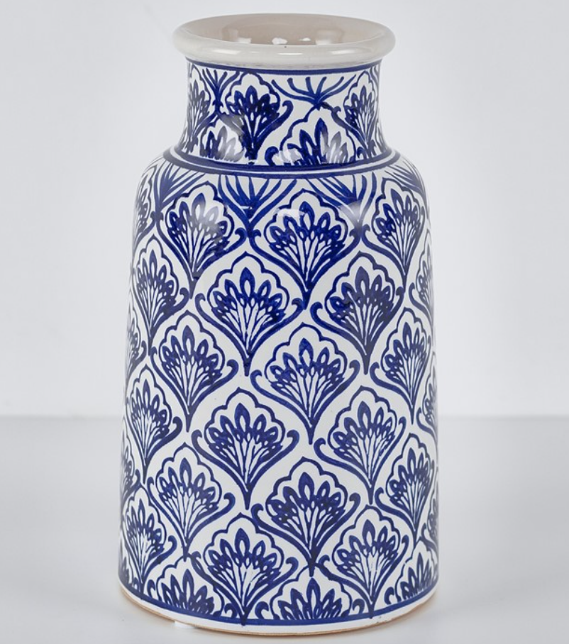 Blue and White Ceramic Vase 8 inches tall