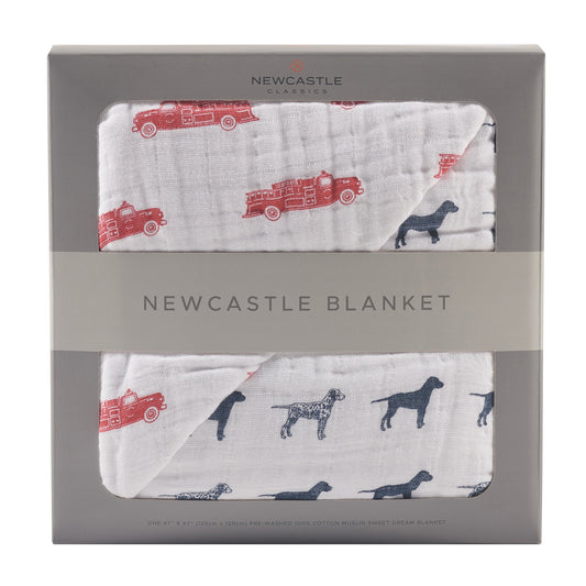 Fire Truck and Dalmatian Cotton Muslin Newcastle Blanket